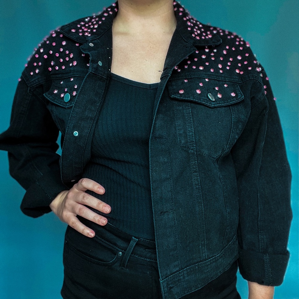 Vintage 80s Era Black Denim Pink Jeweled Jacket